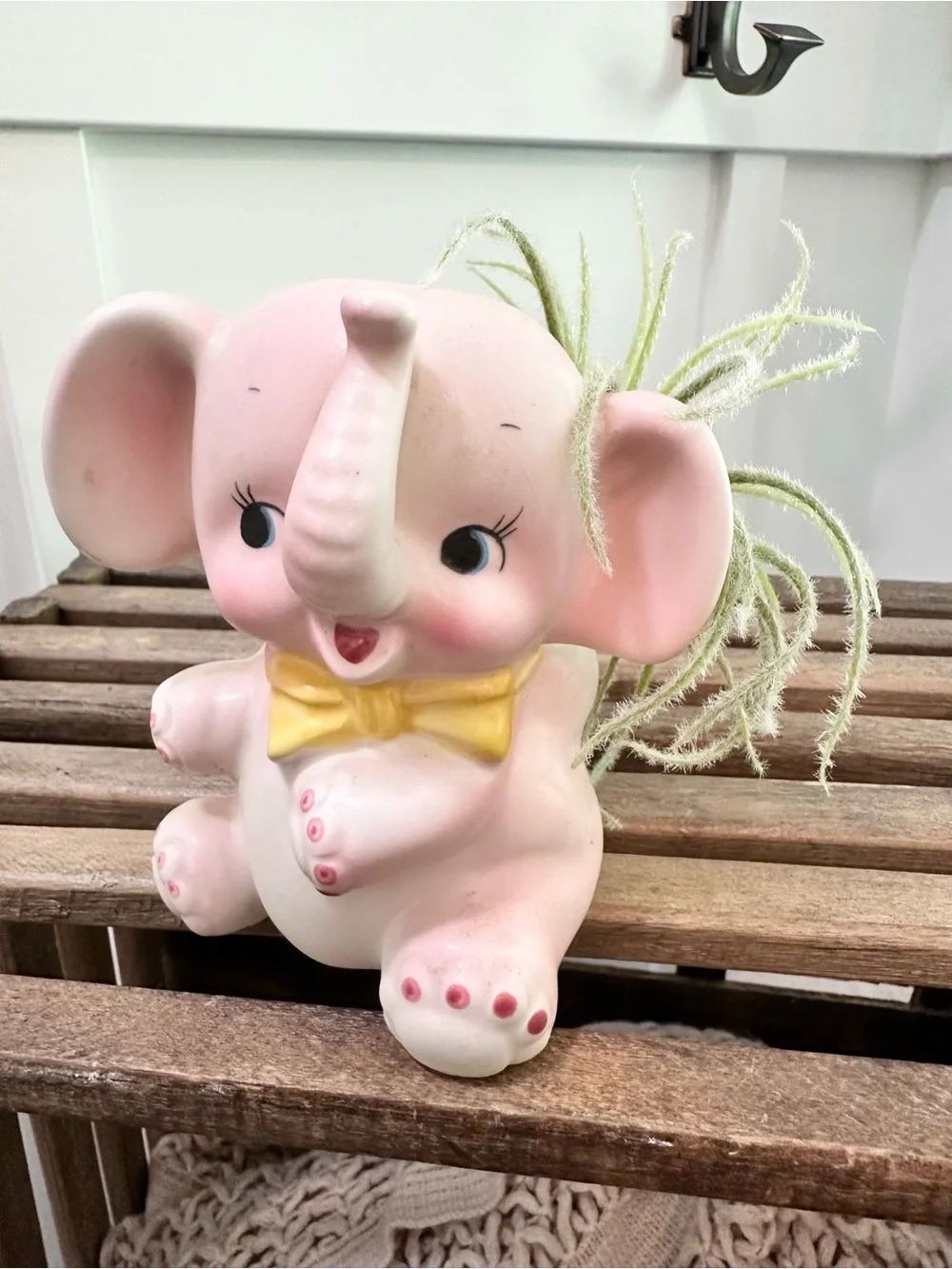 Vintage Cute Pink Elephant Planter w/ Yellow Bow Nursery Piece Succulent Plants